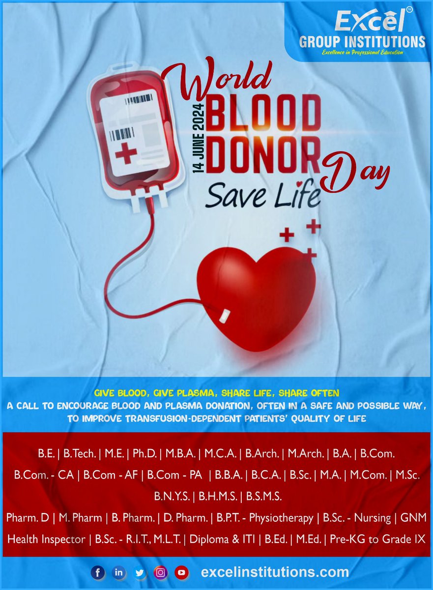excelinstituti1's tweet image. 📷 *World Blood Donor Day at Excel Group Institutions: Give the Gift of Life!*📷

#ExcelGroupInstitutions #BloodDonorDay #SaveLives #ProfessionalEducation #AdmissionsOpen