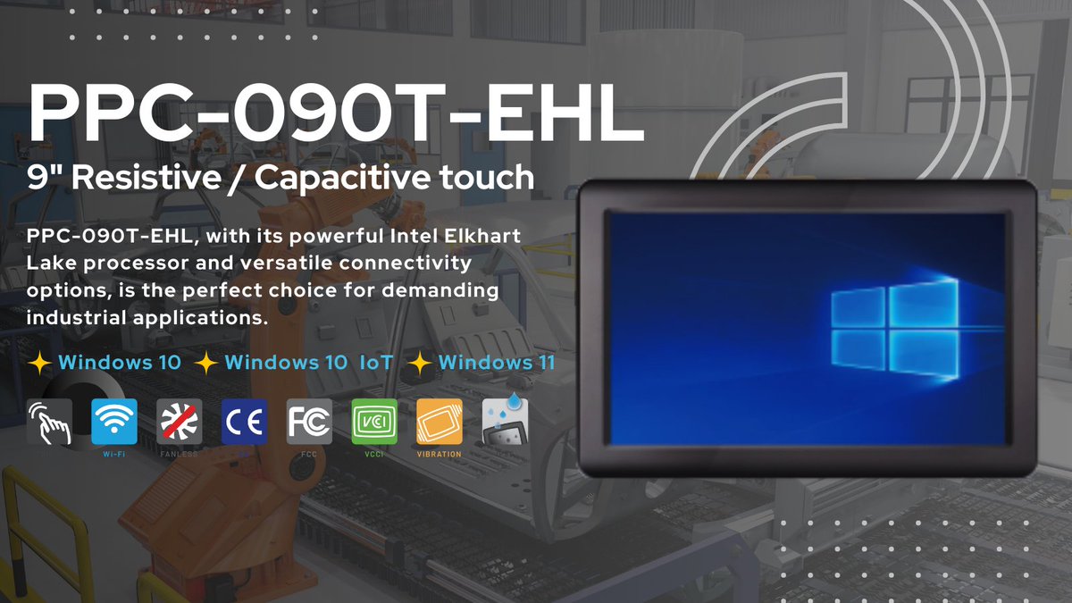 iCOP_tw's tweet image. The PPC-090T-EHL Panel PC has a fanless design, low power consumption, IP65-rated front panel, and robust performance capabilities, making it an ideal choice for various applications. 

#Intel #Industrial #touchpanel #Windows10 #Windows11