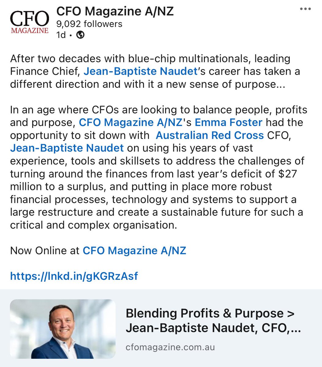 Excellent insights from <a href="/RedCrossAU/">Australian Red Cross</a> CFO, Jean-Baptiste Naudet on balancing people, profit &amp; purpose &gt; Now online at CFOMagazine.com.au