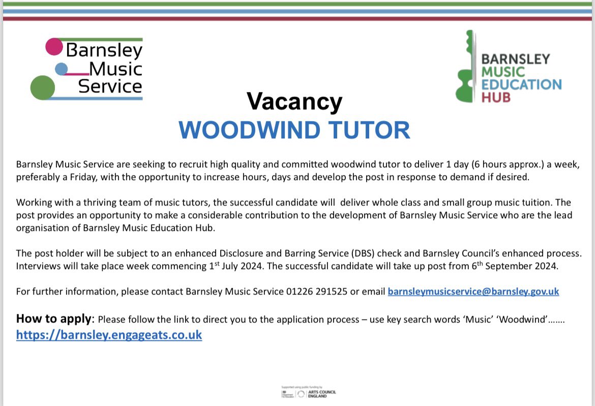 Barnsley Music Hub (@barnsleymushub) on Twitter photo Woodwind Tutor Vacancy 🪈
Barnsley Music Service are looking to recruit a part-time woodwind tutor starting September 2024.
Application link: <a href="/Council__Jobs/">Barnsley Council Jobs</a>
barnsley.engageats.co.uk/V2/Login
<a href="/SheffMusicHub/">Sheffield Music Hub</a> <a href="/RotherhamMusic/">Rotherham Music Hub</a> <a href="/DonMusicService/">Doncaster Music Service</a> Woodwind Tutor Vacancy 🪈
Barnsley Music Service are looking to recruit a part-time woodwind tutor starting September 2024.
Application link: <a href="/Council__Jobs/">Barnsley Council Jobs</a>
barnsley.engageats.co.uk/V2/Login
<a href="/SheffMusicHub/">Sheffield Music Hub</a> <a href="/RotherhamMusic/">Rotherham Music Hub</a> <a href="/DonMusicService/">Doncaster Music Service</a>