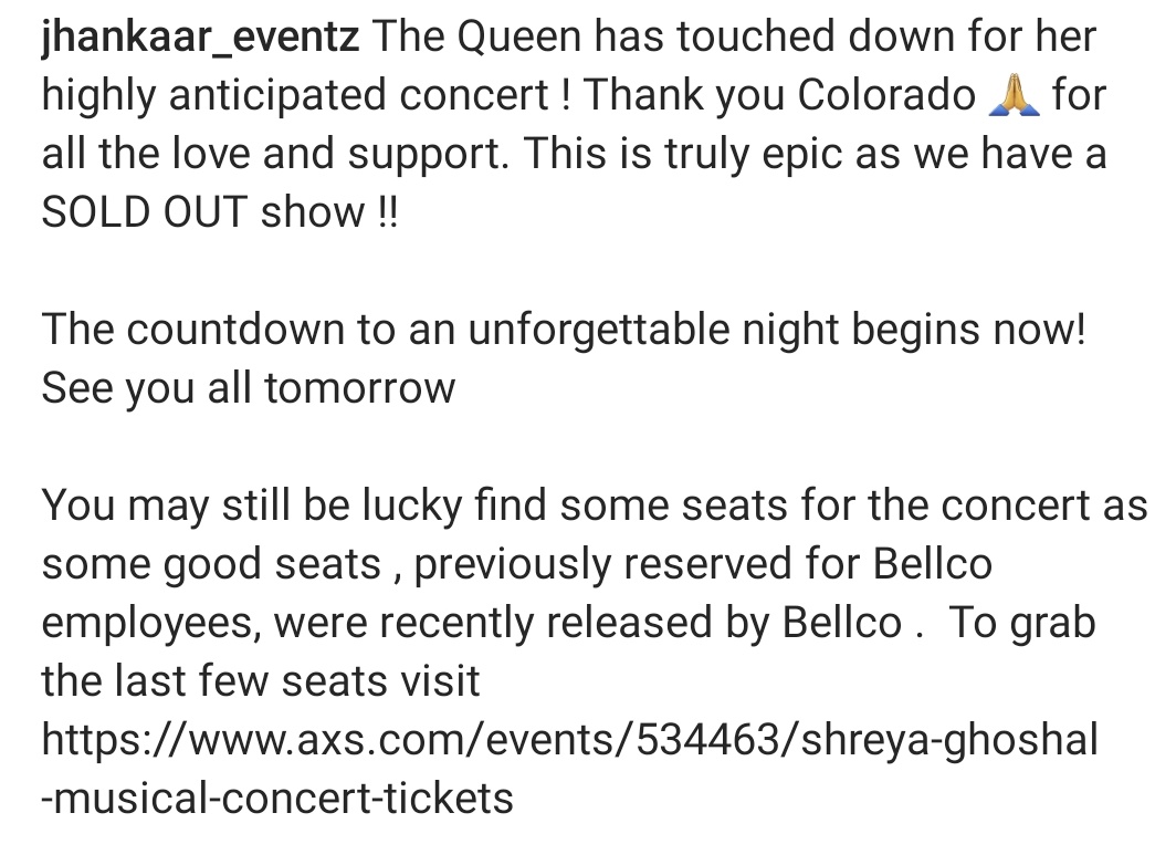 SonaSsg's tweet photo. The Queen has safely arrived in #Denvar today..โค
GEARED UP to witness the 1st concert tomorrow at @BellcoTheatre woooohooo!
#AllheartsTour
#ShreyaGhoshalLiveInUSA https://t.co/QPCtJAPqVc