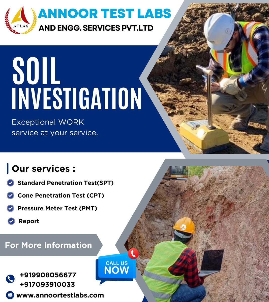 AnnoorTestLtd's tweet image. Soil Investigation Services by Anoor Test Labs Pvt Ltd 🌟
Contact us:
Phone: +91 +91 9908056677 | +917093910033 📞
Website: (link in bio) 🌐
Our Services:
- Soil Sampling and Testing 🌿

#SoilInvestigation #GeotechnicalTesting #ConstructionServices #SoilTestingLab
