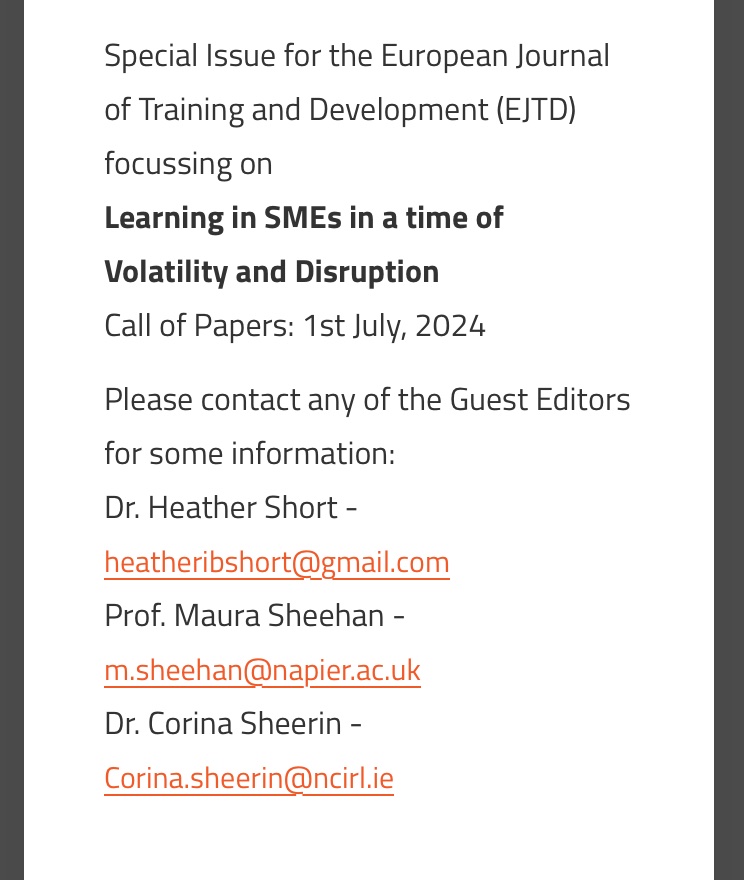 Delighted to be part of the editorial team for this wonderful special issue (SI)  ‘Learning in SMEs in a time of Volatility and Disruption’. Thank you to <a href="/HeatherJShort/">Dr Heather Short</a> and Prof Maura Sheehan and to the  EJTD editors, <a href="/RonanCarbery/">Ronan Carbery</a>  and <a href="/ThomasGaravan/">thomas garavan</a> for their support.