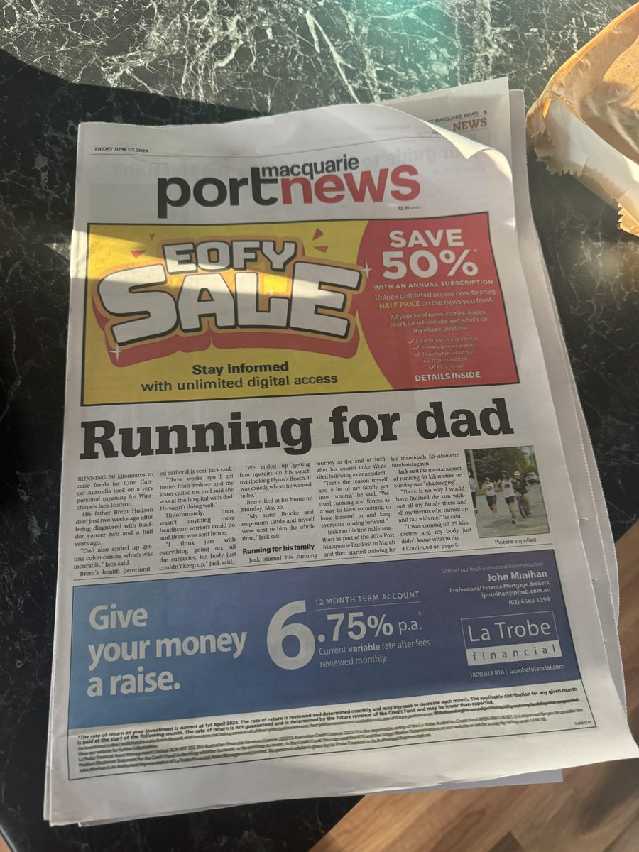 JackHuddo's tweet photo. Look, don't mind the huge ads and the hospital budget blowout but my 50k charity run for @GameOn_Cancer and my Dad got me a front page slot in my local newspaper 😂

I also did get noticed at my local IGA as the "Charity running dude" 😏 You could say things are getting hectic! https://t.co/B9LLTym3mc