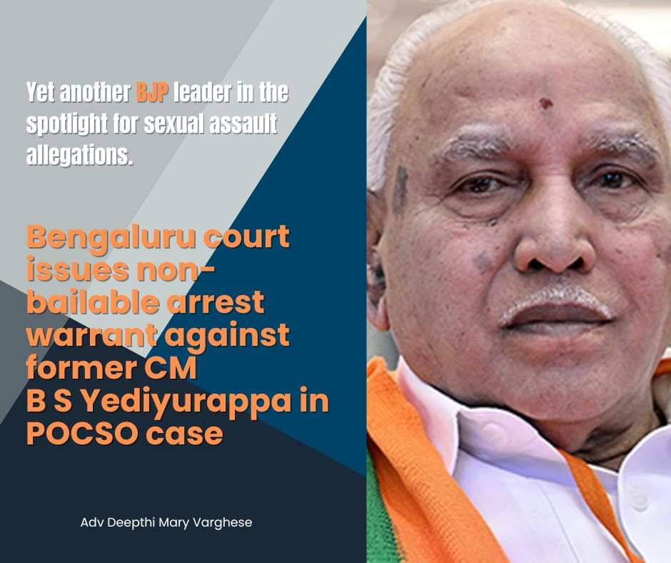 deepthimaryinc's tweet photo. Bengaluru court issues a non-bailable arrest warrant against former CM B S Yediyurappa in a POCSO case. Another BJP leader under scrutiny for sexual assault . The list of BJP leaders accused of assaults on women and children is growing, yet they continue to say "Beti Bachavo https://t.co/G637b09MV8