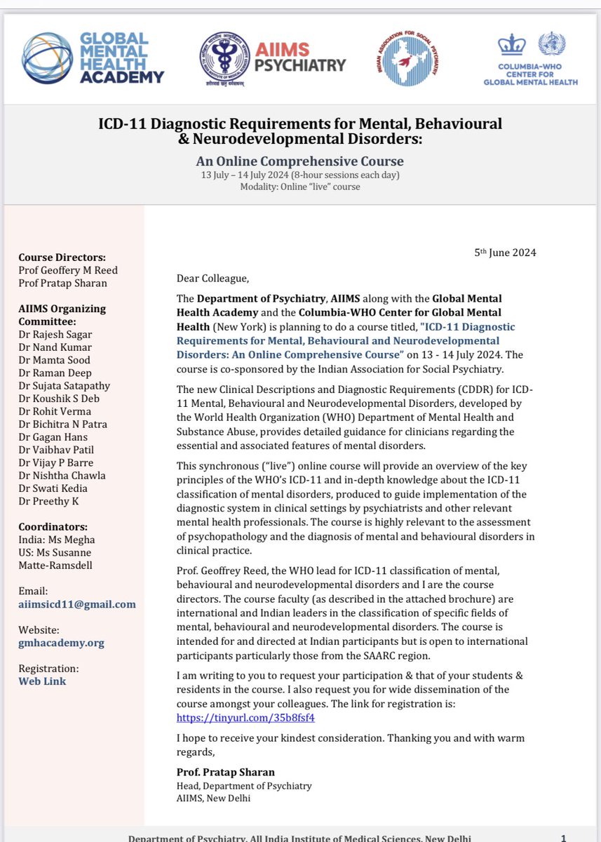 DrRebellious's tweet image. ICD-11 @WHO (Updated Psychiatry and Addiction) : Diagnostic Requirements for #Mental, #Behavioural and #Neurodevelopmental Disorders: An Online Comprehensive Course
13 July – 14 July 2024 (8-hour sessions each day) Modality:Online “live” course (today is last day of Registration)