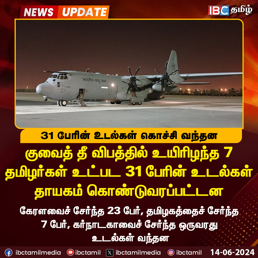ibctamilmedia's tweet photo. குவைத் தீ விபத்தில் உயிரிழந்த 7 தமிழர்கள் உட்பட 31 பேரின் உடல்கள் தாயகம் கொண்டுவரப்பட்டன

#Kerala | #CochinAirport | #IAFAircraft | #KuwaitFire https://t.co/2hEOWEpPr4