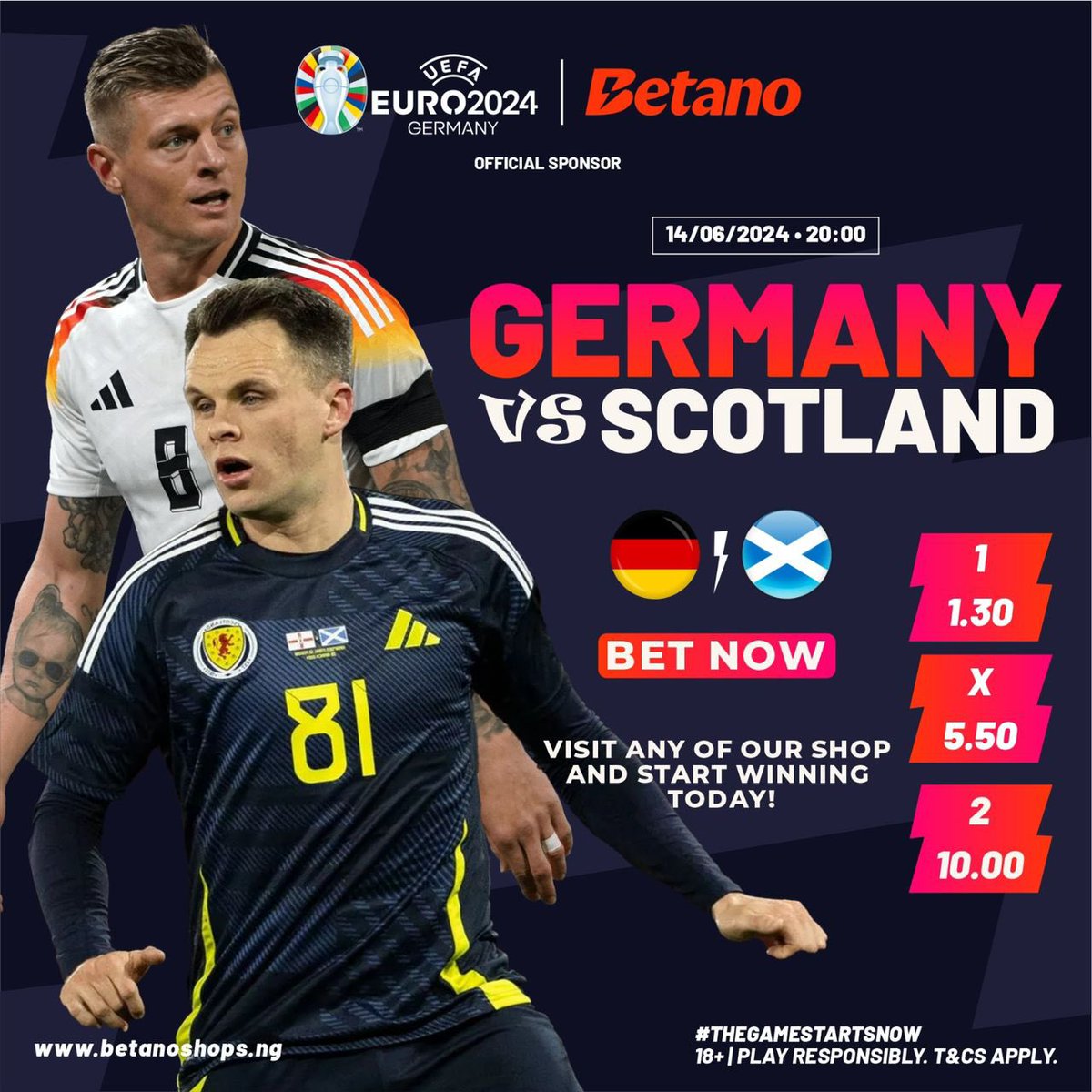 BetanoShopsNg's tweet photo. The Wait Is Over’ Euro 2024 kicks off Today!! Host Germany Takes On Scotland in what promise to be a thrilling clash!

Sign up via>  https://t.co/VXbv6ewrPR and claim your 100% welcome bonus up to NGN 200,000

#euro2024 https://t.co/zU7D4rX4yP