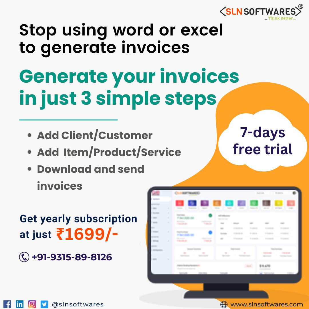 slnsoftwares's tweet image. Want to automate your billing process? Get a yearly subscription at just Rs.1699/- with a free trial of 7 days.
Contact us at +91-9315-89-8126
Follow @slnsoftwares for more updates
#slnsoftwares #softwaredevelopmentcompany #gstbillingsoftware #billingsoftware  #invoicingsoftware