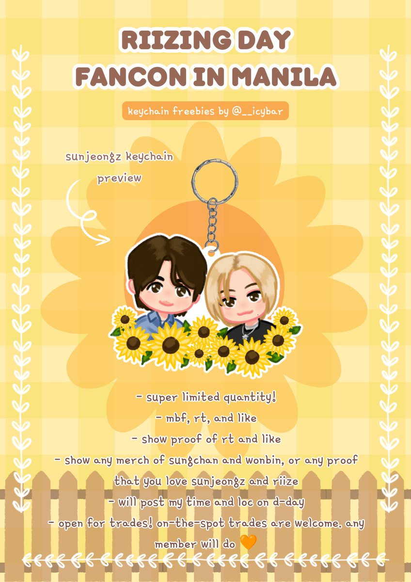 __icybar's tweet photo. RIIZING DAY FANCON in MANILA
haebaragi sunjeongz keychain 🌻
by @__icybar 

- rt and like
- show proof that you love sunjeongz and riize
- open for trades!

more info below!

#RIIZE #SUNGCHAN #WONBIN #BENCHxRIIZE #RIIZE_FANCON #RIIZINGDAY #RIIZINGDAY_IN_MANILA #RIIZINGDAYINMANILA https://t.co/5mHZCmu8Ek
