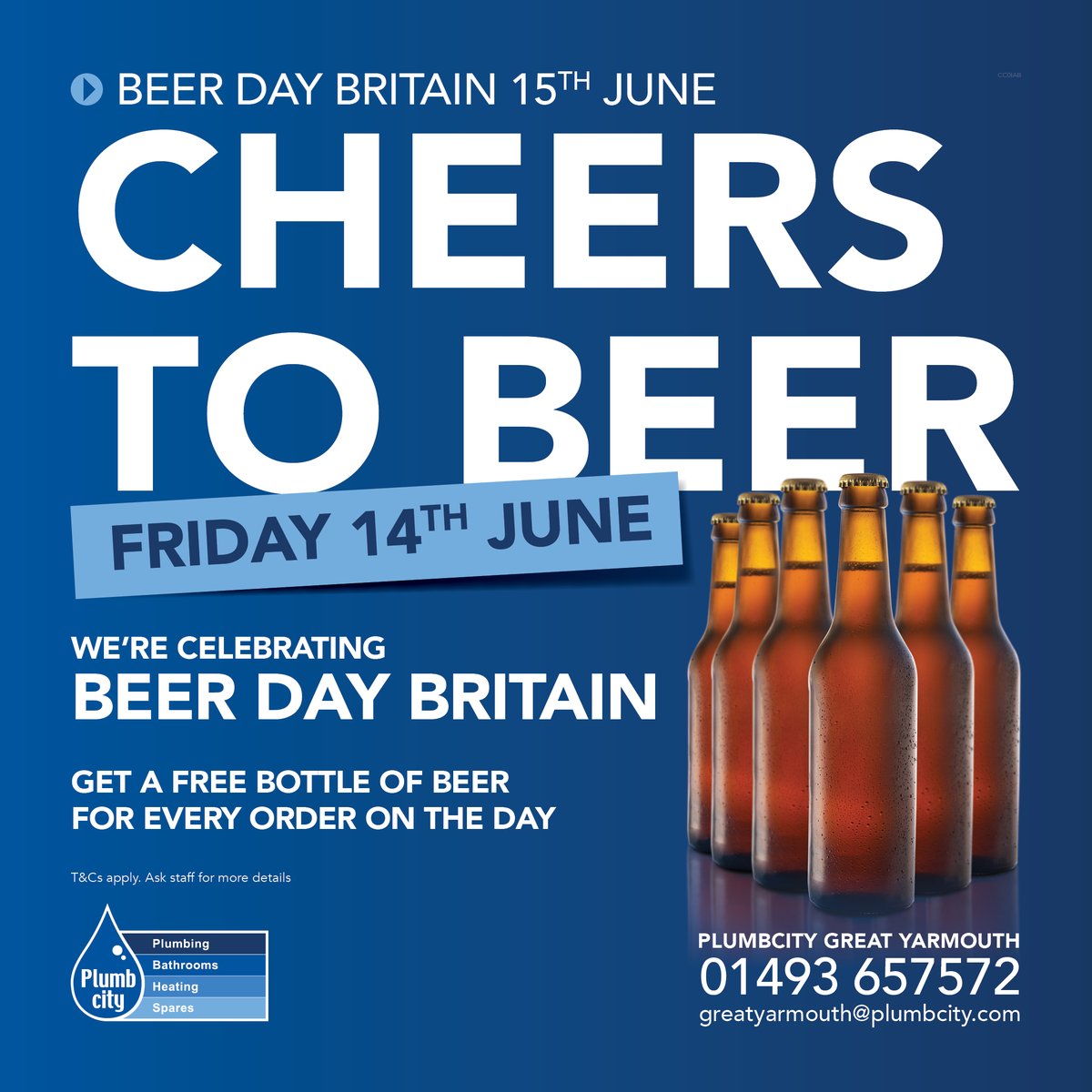 Plumbcity's tweet photo. CHEERS TO BEER!  🍻 

We're kicking off the celebrations early! Join us today at @Plumbcity Great Yarmouth  to celebrate UK's National Beer Day (15th June) Get a FREE bottle of beer with every order! T&amp;Cs apply. 
Don't miss out! 

#NationalBeerDay #BeerLovers #PlumbcityGtYarmouth https://t.co/pstglZUFLJ