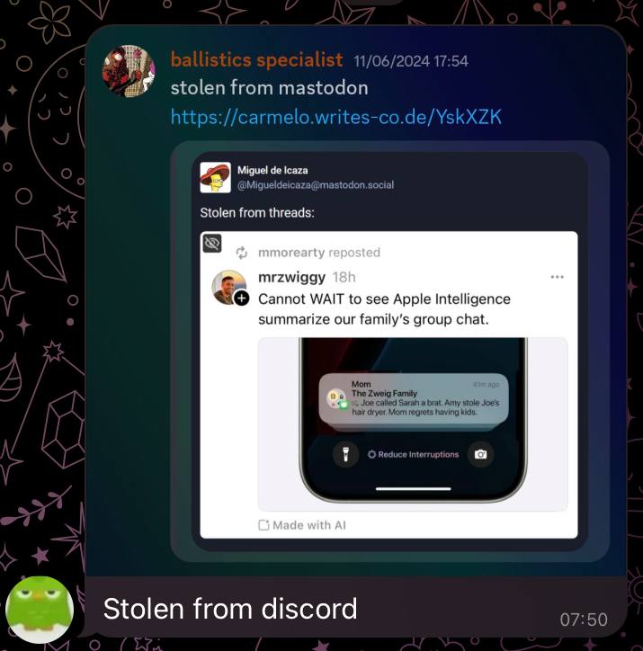 Smartlinuxcoder's tweet image. Stolen from telegram