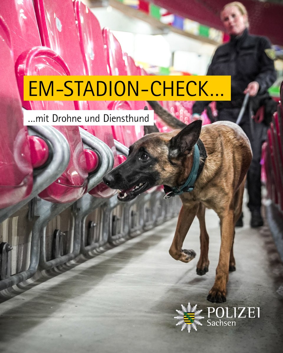 Diese Woche fand die letzte große Durchsuchung des Stadions in #Leipzig statt. Unsere Polizeidrohne kam an Orte, die nur schwer erreichbar sind. So auch auf dem Dach der RB-Arena. Anschließend waren 20 bis 30 Hunde pro Tag im Einsatz. Diese ließen keinen Sitzplatz unbeschnüffelt.