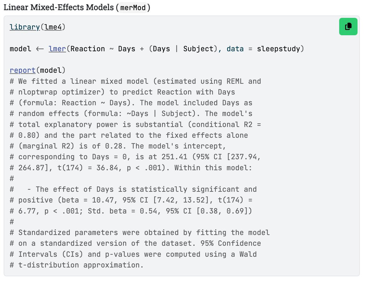 💡Si necesitas presentar análisis estadísticos en publicaciones o informes, utiliza 📦report de #rstats para darle formato automático y evitar errores. Escribe tus resultados cumpliendo con buenas prácticas de publicación 😉
buff.ly/3yOzTWW 
#datascience #analytics #stats
