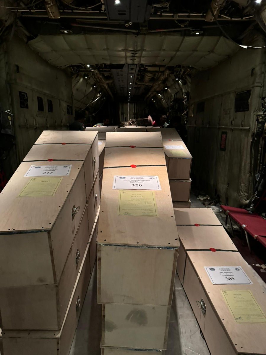 reportbalanced's tweet photo. India’s grief. A special Indian Air Force aircraft carrying mortal remains of Indian victims in the fire incident in Kuwait arrived at the Cochin International Airport here on Friday. https://t.co/SpDSb0VIAD