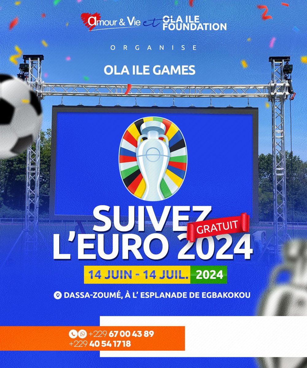 olailef's tweet photo. 🏟️ DIFFUSION GRATUITE DES MATCHS DU CHAMPIONNAT D'EUROPE DE FOOTBALL 2024 ⚽

Du 14 Juin un 17 Juillet 2024, venez vivre l'excitation du football européen à Dassa-Zoumè, à l'esplanade de EGBAKOKOU !  
#uefaeuro2024 #UEFAEuropaLeague #OLAILEGAMES #OLAILE #football #Dassa https://t.co/4tQeSA8u07