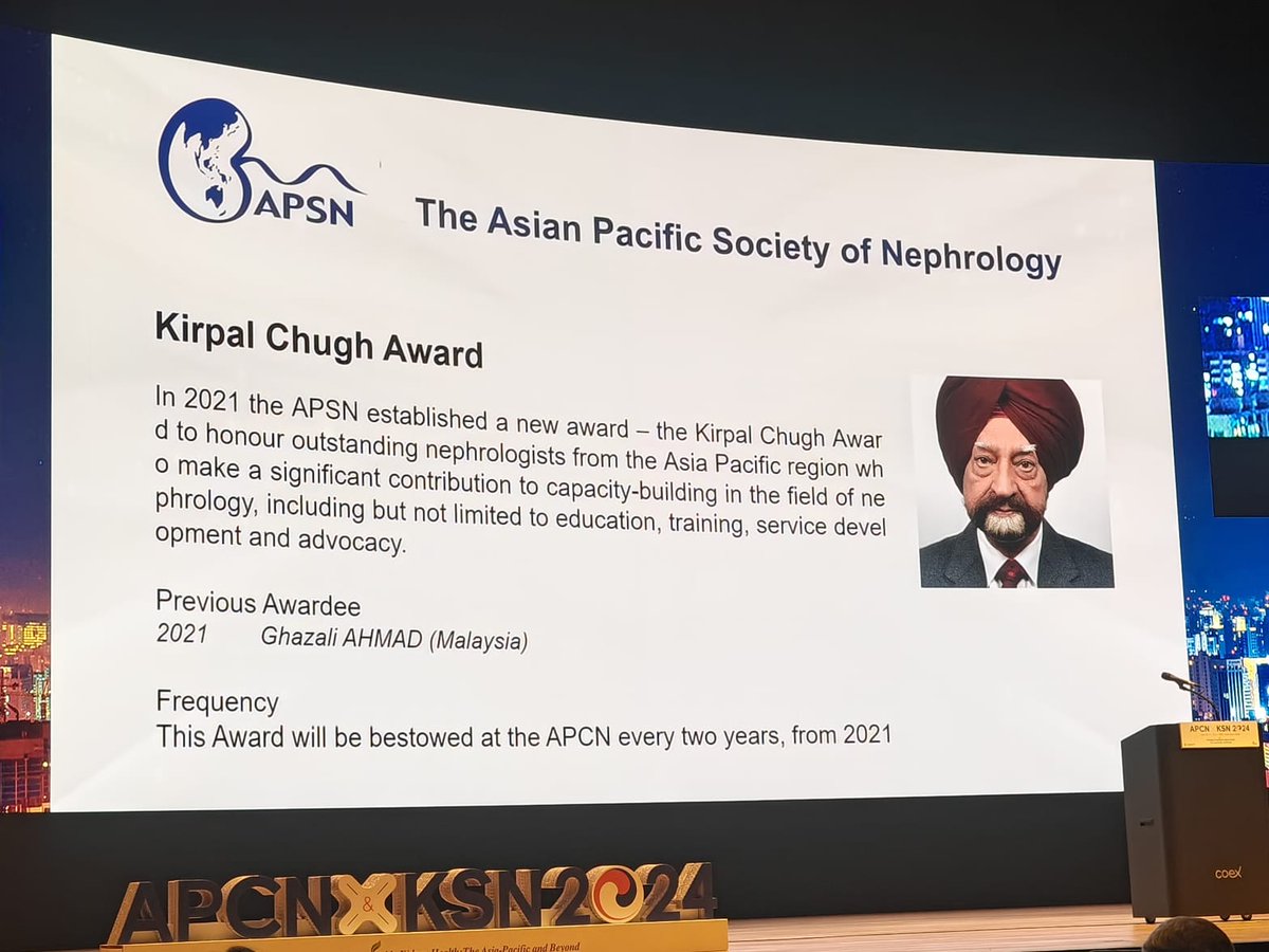 ISNkidneycare's tweet photo. Congratulations to the ISN Past President, @vjha126, who has been honored with the Kirpal Chugh Award, established by @Apsn_eph in 2021 to honor outstanding nephrologists from the Asian Pacific region who make a significant contribution to capacity-building in the field of nephrology 👏👏👏
#APCN2024 #APCNxKSN #KSN #APSN