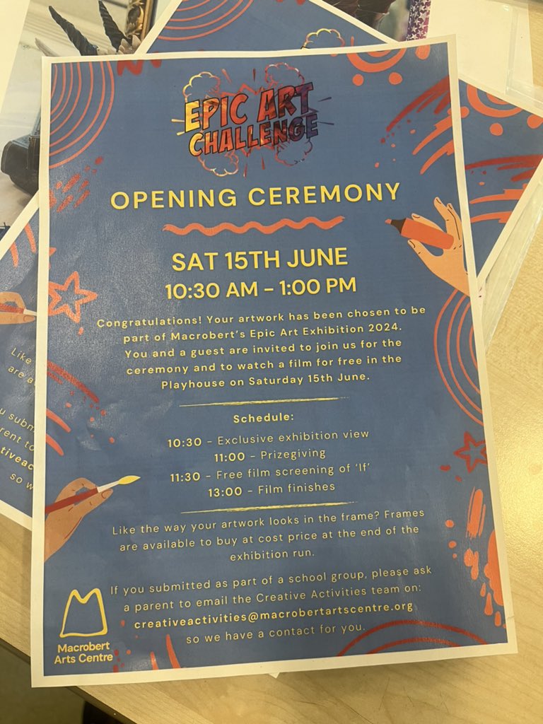 Well done to Annabel Fair, Tyler Fletcher, Paige Fallens, Fraser McAlpine, Jack Murphy, Carla McCulloch, Declan McAtee and Jackson Walshe whose artwork will be shown in the Macrobert Centre as part of their annual Epic Art Challenge .  👏 
<a href="/StModansHS/">St Modan’s High School</a> @autismprovision