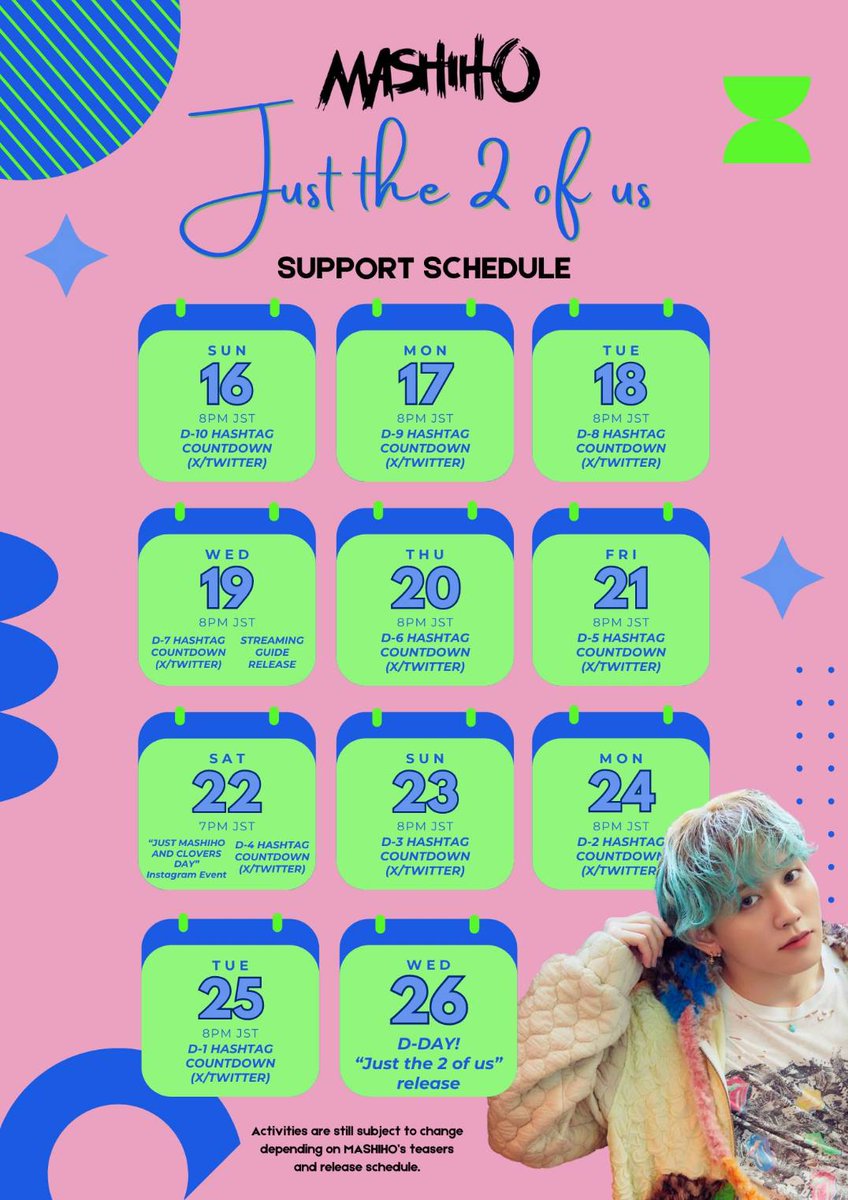 FiloMashmellows's tweet photo. [NOTICE]
JUST THE 2 OF US
🍀Support Schedule

We will also need volunteers soon 🙏
Stay tuned for more info!

#MASHIHO #マシホ #髙田真史帆 #마시호 #타카타마시호 #JustThe2ofUs #JustThe2ofUsMASHIHO https://t.co/tpNRv7zojO
