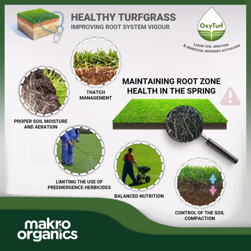 🌡️ Spring stressors:

➡️Freezing: Tissue damage
➡️Drought: Biomass reduction
➡️Waterlogging: Decreased O2
➡️ Nutrient imbalances: Reduced root growth

🔎 OxyTurf enhances soil percolation, reduces compaction, and boosts microbial communities.

#soil #turfgrass #biostimulant
