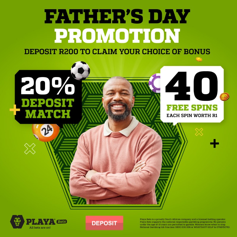 Playabets's tweet photo. This weekend, take control with Playa Bets! 🤩

Deposit R200 or more between June 14-17 and enjoy a 20% deposit bonus on your first deposit or 40 Free Spins 🙌🏻

Celebrate Father's Day and Youth Day with extra excitement! 😁

Play Now: https://t.co/uNzBCx6mvY

#PlayaPromos