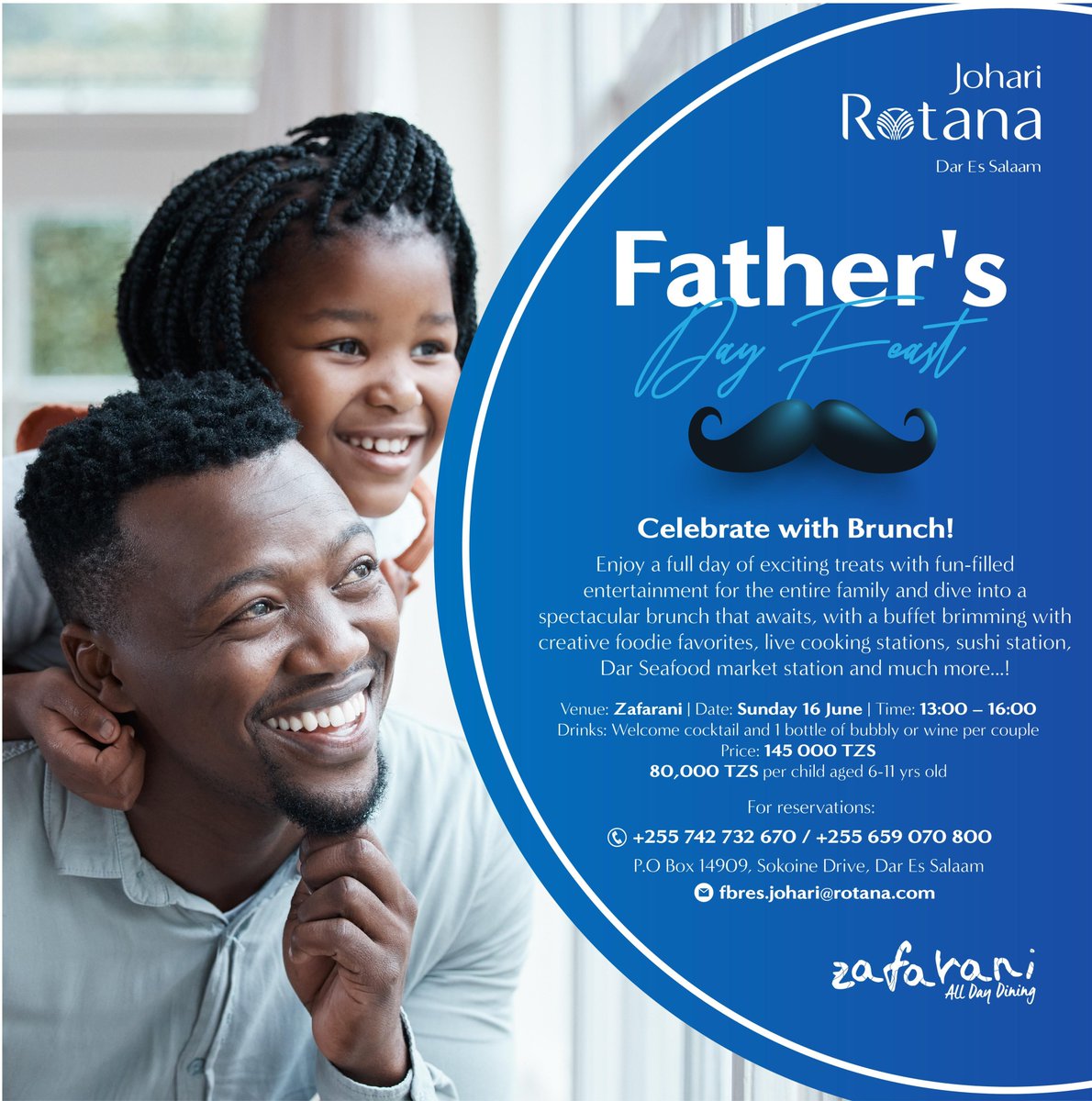 Quality time: a gift that's always worth giving.

WhatsApp +255 742 732 670 or +255 659 070 800 OR email fbres.johari@rotana.com

Bookings essential. Ts &amp; Cs Apply.

#FathersDay2024 #FathersDayEvents #FathersDayGifting #FathersDayBrunch #SomethingForDad