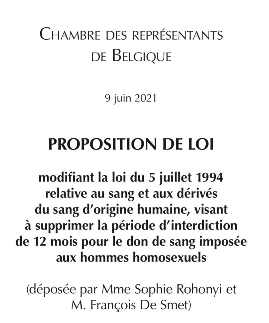 🩸Journée mondiale du donneur de sang
Un geste qui sauve des vies❤️
Mais que les HSH (hommes ayant des relations sexuelles avec des hommes) ne peuvent poser qu’après 1 période d’abstinence sexuelle de 4 mois!
Une discrimination que <a href="/defi_eu/">DéFI</a> continuera à combattre!
<a href="/francoisdesmet/">François De Smet</a>