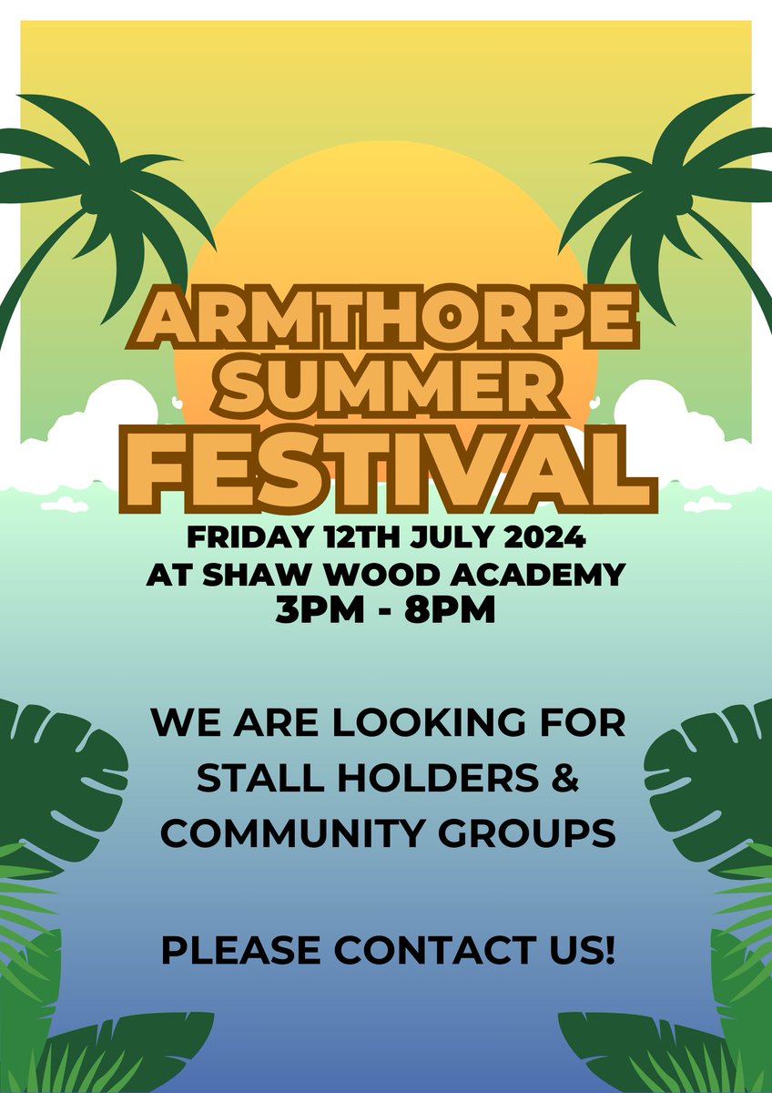 We are looking for stall holders and community groups to attend the Armthorpe Summer Festival on Friday 12th July.
If you are interested in attending, please complete the relevant link below.
Stall Holders: forms.gle/CACuorqF4xywRs…
Community Groups: forms.gle/vLh8acXnGiDKrp…