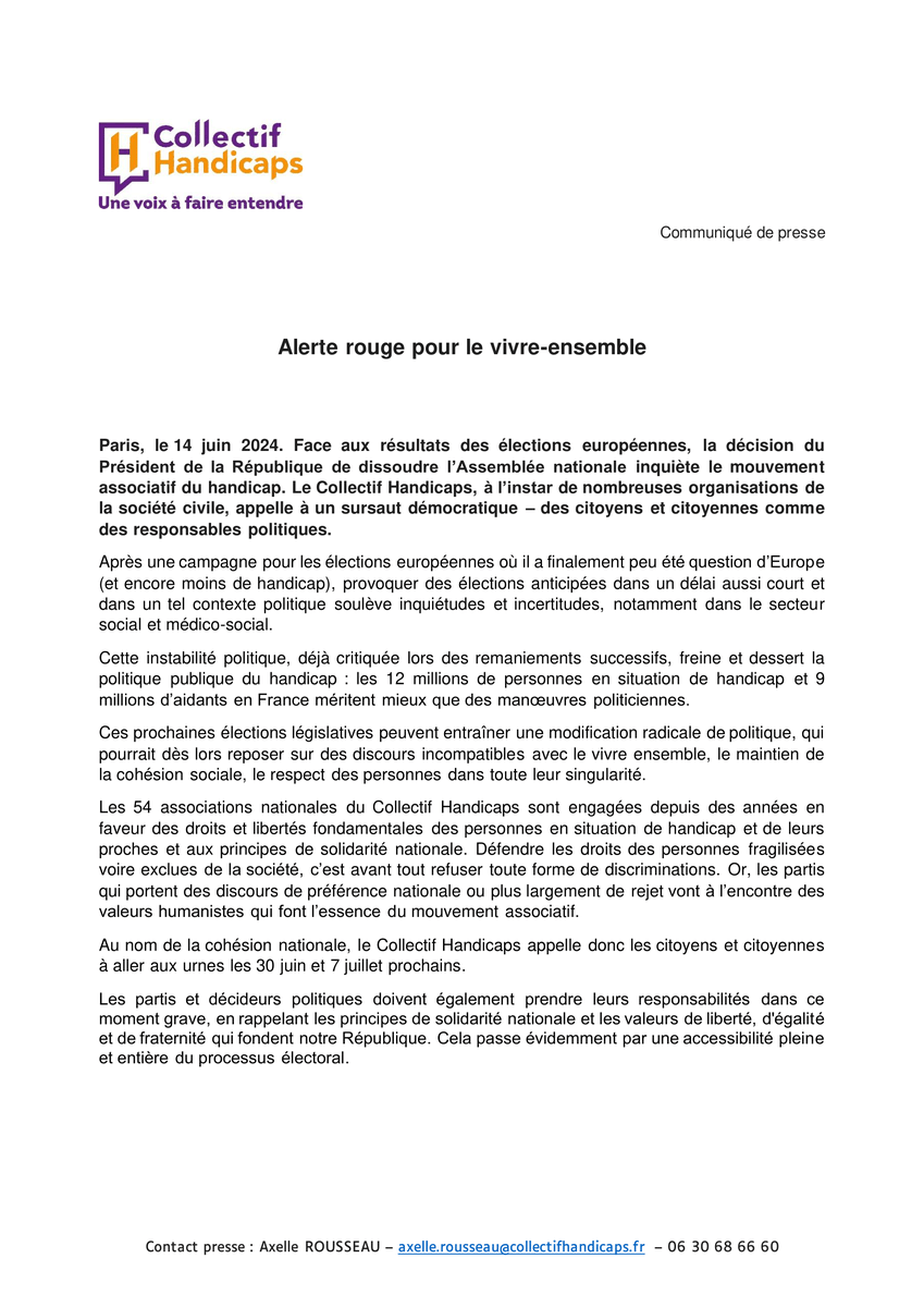 Unapei_infos's tweet photo. A l’instar des 54 associations du Collectif Handicaps, dont l’Unapei, notre réseau d’association est inquiet des suites de la décision de la #DissolutionAN prise par le Président de la République. Nous alertons pour le vivre-ensemble 👇 (1/2). https://t.co/jPSy1Aadol