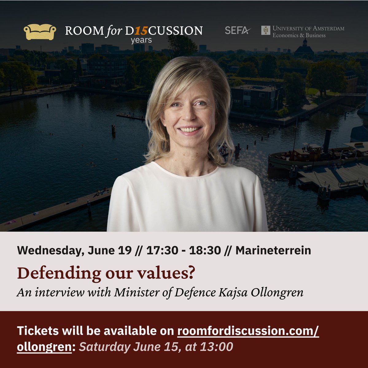 Room for Discussion (@room4discussion) on Twitter photo Our interview with Kajsa Ollongren will be held at the Marineterrein Amsterdam this Wednesday, June 19, at 17:30.
Limited tickets can be reserved Saturday, June 15, 13:00, for free on roomfordiscussion.com/ollongren
<a href="/UvA_Amsterdam/">UvA Amsterdam</a> <a href="/UvA_EB/">UvA_EB</a> <a href="/DefensieMin/">Ruben Brekelmans</a> Our interview with Kajsa Ollongren will be held at the Marineterrein Amsterdam this Wednesday, June 19, at 17:30.
Limited tickets can be reserved Saturday, June 15, 13:00, for free on roomfordiscussion.com/ollongren
<a href="/UvA_Amsterdam/">UvA Amsterdam</a> <a href="/UvA_EB/">UvA_EB</a> <a href="/DefensieMin/">Ruben Brekelmans</a>