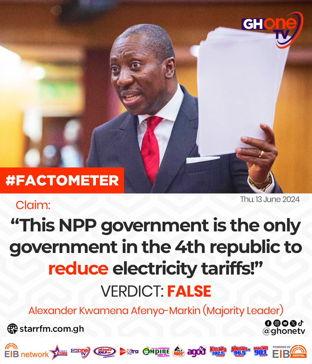 ghonetv's tweet photo. #Factometre
No! The NPP is not the only government in the fourth republic to reduce tariffs on electricity.
Want the full truth? Check the comments...
#GHOneFacts #GHOneNews https://t.co/MqHqSW0udC