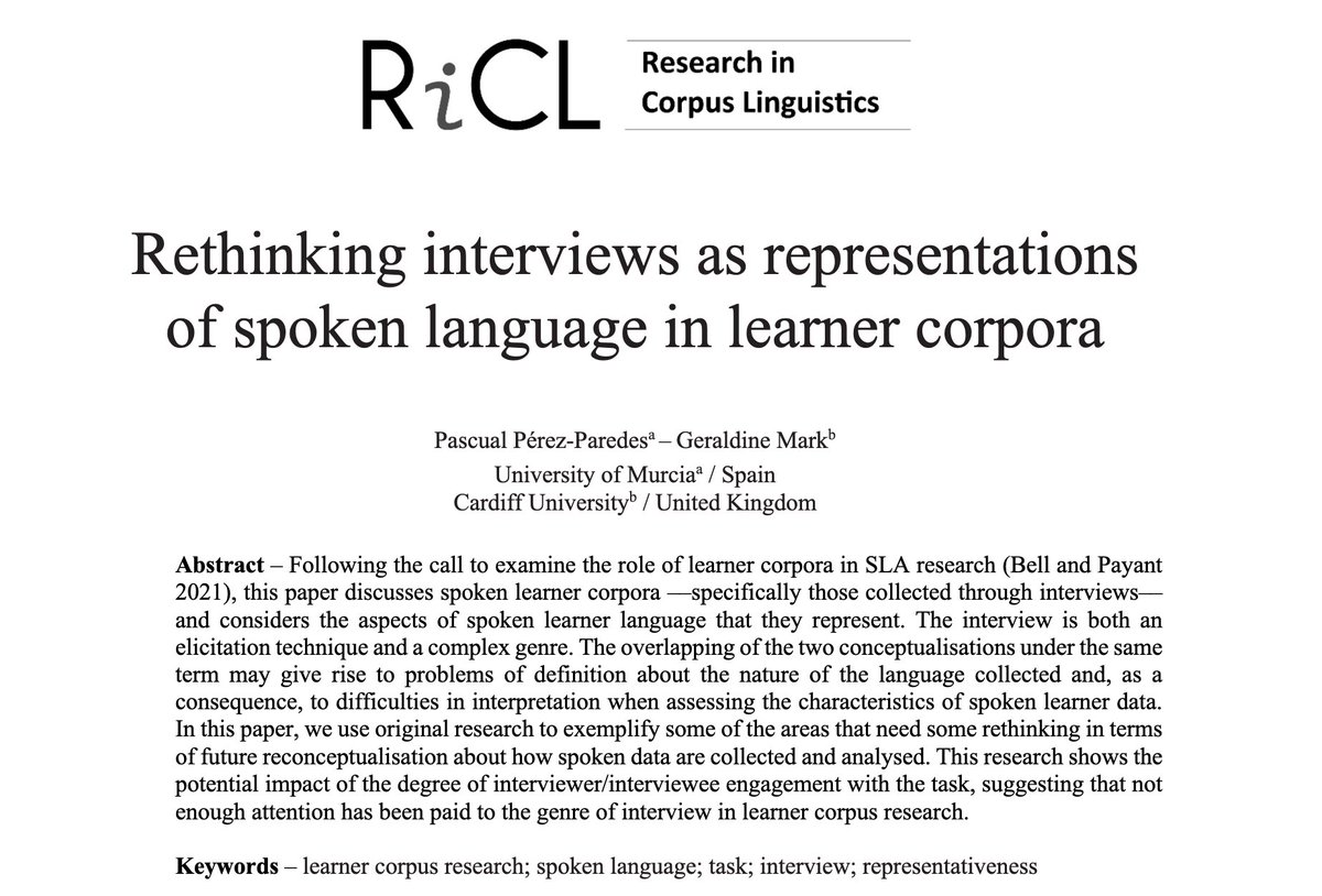 Journal Research in Corpus Linguistics (@journalcorpus) on Twitter photo The fifth paper in the special issue of Research in Corpus Linguistics guest-edited by
<a href="/lovermob/">Dr Robbie Love</a>
- on the theme of innovation in spoken corpora - has been published!
Pascual Pérez-Paredes and Geraldine Mark <a href="/perezparedes/">Pascual Pérez-Paredes 🇪🇺</a> <a href="/GelMMark/">Geraldine Mark 🇪🇺</a>
ricl.aelinco.es/first-view/324… The fifth paper in the special issue of Research in Corpus Linguistics guest-edited by
<a href="/lovermob/">Dr Robbie Love</a>
- on the theme of innovation in spoken corpora - has been published!
Pascual Pérez-Paredes and Geraldine Mark <a href="/perezparedes/">Pascual Pérez-Paredes 🇪🇺</a> <a href="/GelMMark/">Geraldine Mark 🇪🇺</a>
ricl.aelinco.es/first-view/324…