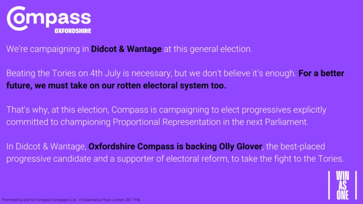 In Didcot &amp; Wantage, we are backing <a href="/OllyGloverLD/">Olly Glover MP 🔶</a> <a href="/CompassOffice/">Compass</a> #WinAsOne.