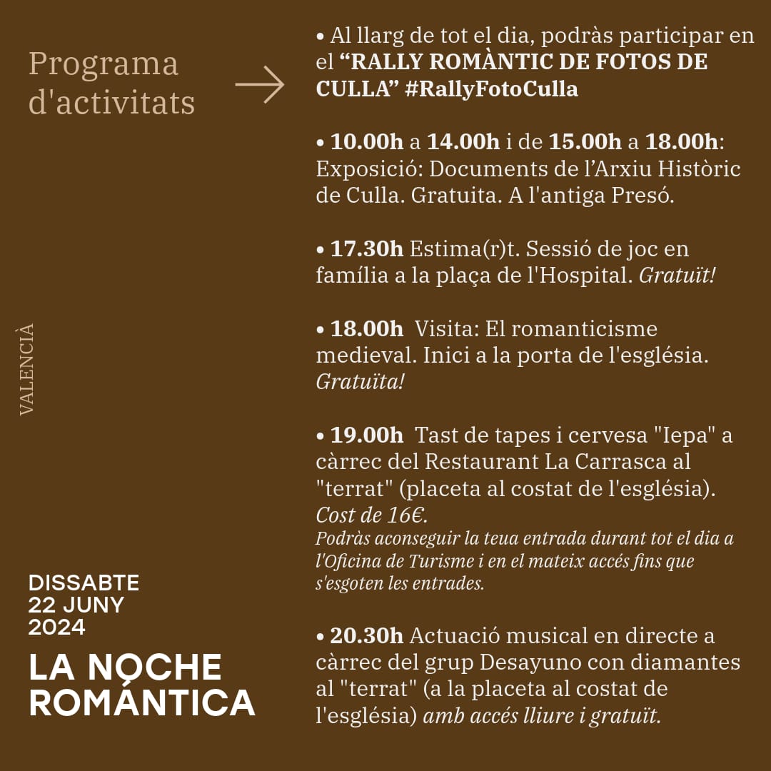 💚 Guardeu la data! El dia 22 de juny arriba la Noche Romántica a Culla gràcies a lospueblosmbe ❤️ Ací podeu consultar tots els actes que tindran lloc 👇🏻