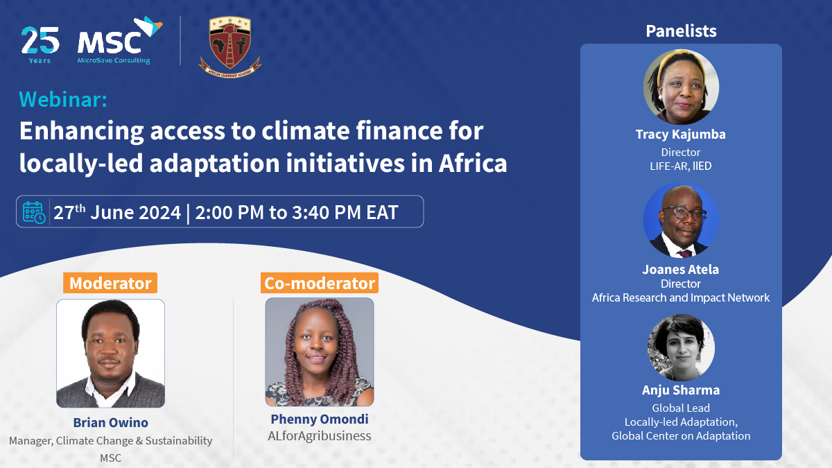 How do we empower frontline communities with #LocallyLedAdaptation to #climatechange? Join our webinar tinyurl.com/eu9y23rd  on 27th June 2024 at 2 pm EAT to uncover how LLA can ensure indigenous knowledge &amp; practices + community-driven solutions integrate into adaptation