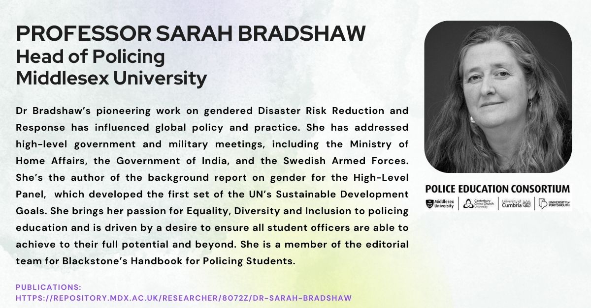 Police Education Consortium (@police_ed_co) on Twitter photo 🌐 Meet the Team - Prof <a href="/DrSarahBradshaw/">Sarah Bradshaw</a> is the former Head of the @MDXlaw, whose pioneering work on gendered Disaster Risk Reduction & Response has influenced global policy and practice. Member of the editorial team for Blackstone’s Handbook. Read more⬇️
linkedin.com/posts/police-e… 🌐 Meet the Team - Prof <a href="/DrSarahBradshaw/">Sarah Bradshaw</a> is the former Head of the @MDXlaw, whose pioneering work on gendered Disaster Risk Reduction & Response has influenced global policy and practice. Member of the editorial team for Blackstone’s Handbook. Read more⬇️
linkedin.com/posts/police-e…