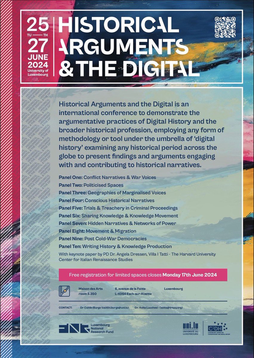 Last days to register for 'Historical Arguments and the Digital' international conference at the <a href="/uni_lu/">uni.lu</a> / <a href="/C2DH_LU/">C2DH_LU</a> 

📅Register by Monday 17 (finally it makes full sense to use this particular calendar emoji) 

👉 c2dh.uni.lu/events/histori…