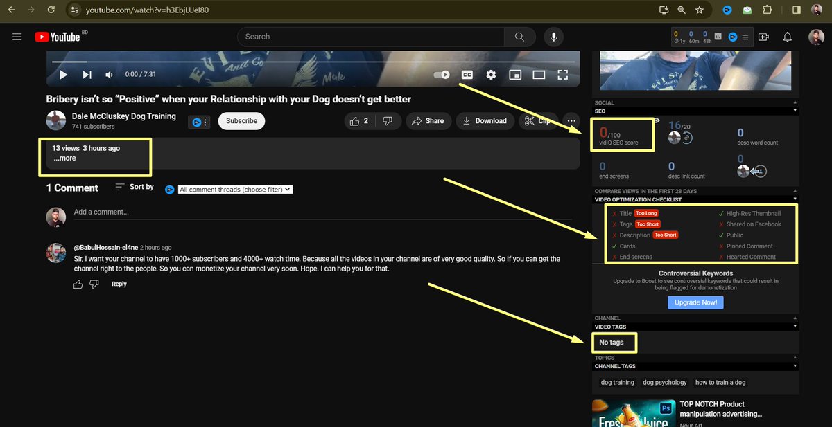 Randomly analyzed a channel and found:

-Unoptimized titles
-Very low SEO score
-Missing tags/keywords
-No meta tags in description
-Poorly optimized descriptions

Optimize to rank higher and reach more viewers! 🌟

#youtubegrowthproblem #youtubeseo2024 #channelgrowthproblem