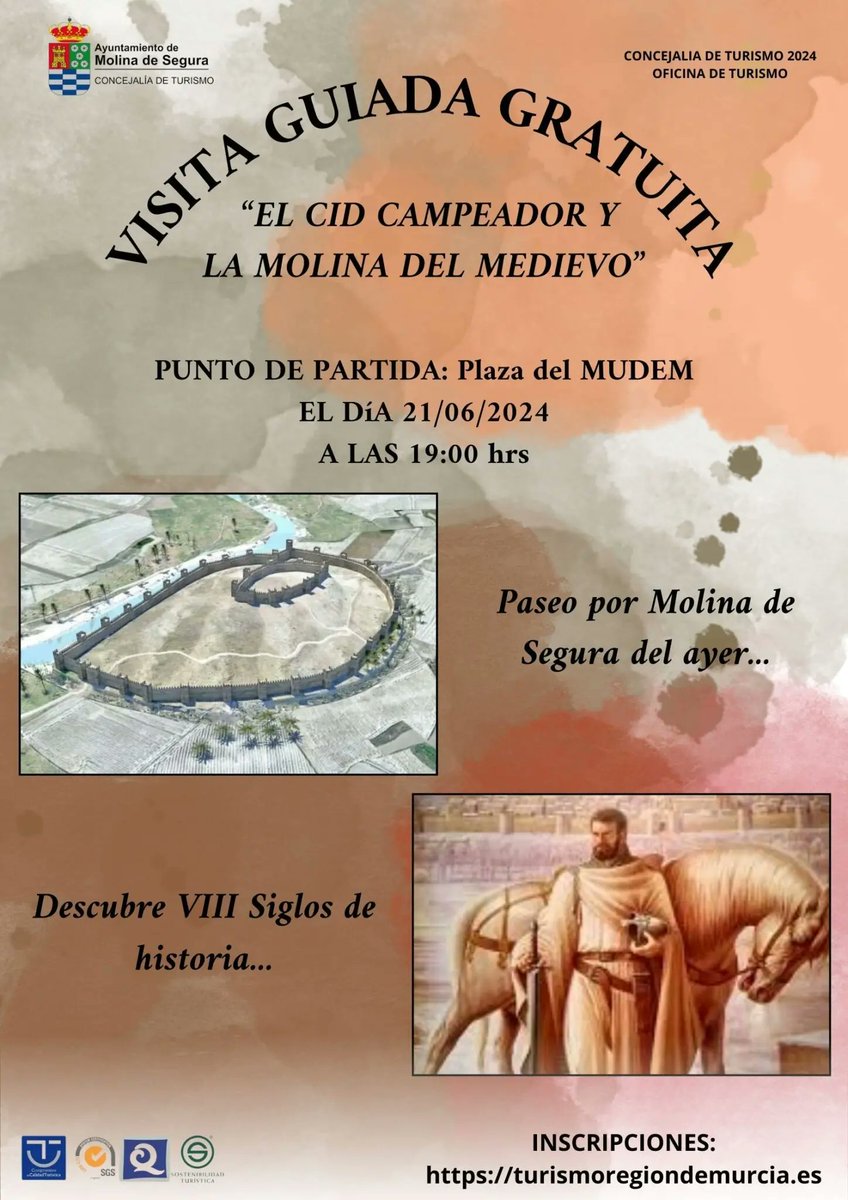 AytMolinaSegura's tweet photo. ℹ️ La Concejalía de Turismo de Molina de Segura organiza la visita guiada gratuita ‘El Cid Campeador y la Molina del Medievo’ el viernes 21 de junio

🚩La actividad comenzará a las 19.00 horas, con salida desde la Plaza de Maximino Moreno

https://t.co/vy0KdUwckn https://t.co/cF0Iqc4yEG