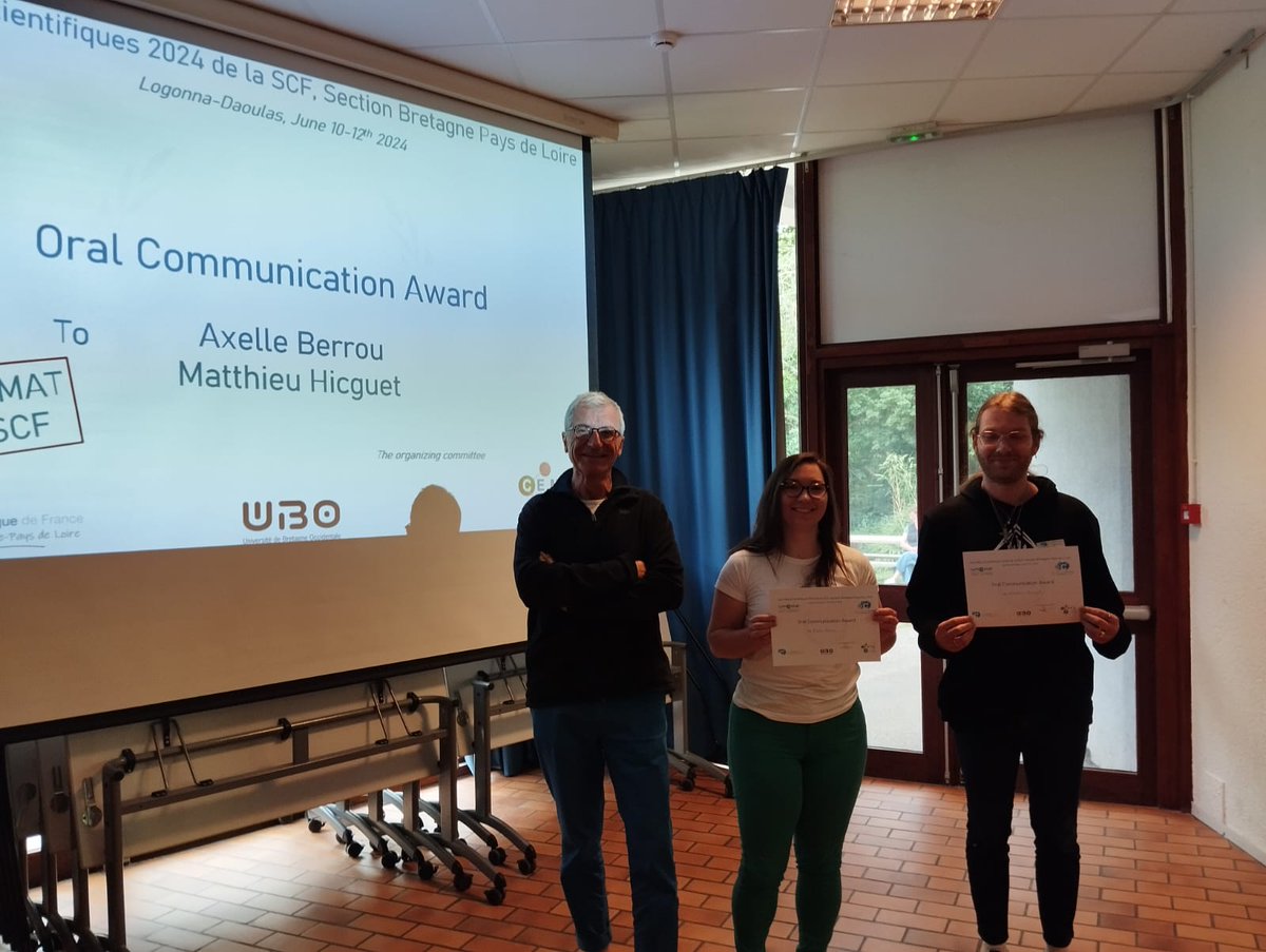 scfbpl's tweet image. Félicitations aux lauréats des prix @EURLUMOMAT et @RJSCF_BPL pour cette édition 2024 :
Axelle Berrou (@CeisamLab Nantes) et @HicguetMatthieu (@chimie_ISCR Rennes) pour les comm. orales
Maria Maniadi (@MOLTECH_Anjou ) et Samuel Calderoni (CEISAM Nantes) pour les posters