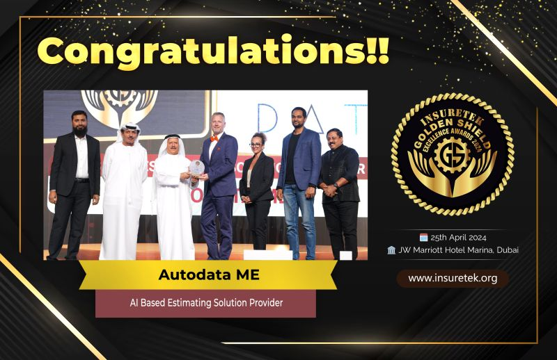 🎉 Congratulations to AutoData Middle East for winning the prestigious 𝐀𝐈 𝐁𝐚𝐬𝐞𝐝 𝐄𝐬𝐭𝐢𝐦𝐚𝐭𝐢𝐧𝐠 𝐒𝐨𝐥𝐮𝐭𝐢𝐨𝐧 𝐏𝐫𝐨𝐯𝐢𝐝𝐞𝐫 Award at the 𝐈𝐧𝐬𝐮𝐫𝐞𝐓𝐞𝐤 𝐆𝐨𝐥𝐝𝐞𝐧 𝐒𝐡𝐢𝐞𝐥𝐝 𝐄𝐱𝐜𝐞𝐥𝐥𝐞𝐧𝐜𝐞 𝐀𝐰𝐚𝐫𝐝𝐬 𝟐𝟎𝟐𝟒 in Dubai! 🏆
