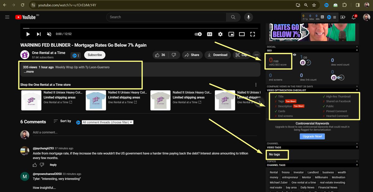 Randomly analyzed a channel and found:

-Unoptimized titles
-Very low SEO score
-Missing tags/keywords
-No meta tags in description
-Poorly optimized descriptions

Optimize to rank higher and reach more viewers! 🌟

#youtubegrowthproblem #youtubeseo2024 #channelgrowthproblem