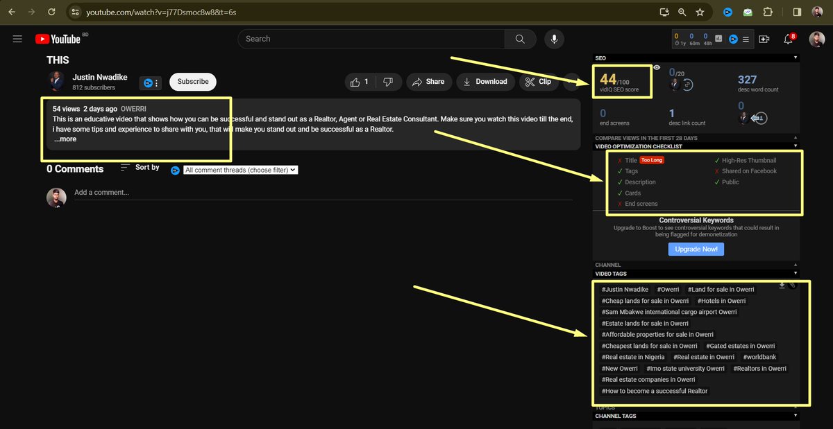 Randomly analyzed a channel and found:

-Unoptimized titles
-Very low SEO score
-Missing tags/keywords
-No meta tags in description
-Poorly optimized descriptions

Optimize to rank higher and reach more viewers! 🌟

#youtubegrowthproblem #youtubeseo2024 #channelgrowthproblem
