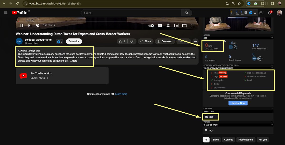 Randomly analyzed a channel and found:

-Unoptimized titles
-Very low SEO score
-Missing tags/keywords
-No meta tags in description
-Poorly optimized descriptions

Optimize to rank higher and reach more viewers! 🌟

#youtubegrowthproblem #youtubeseo2024 #channelgrowthproblem
