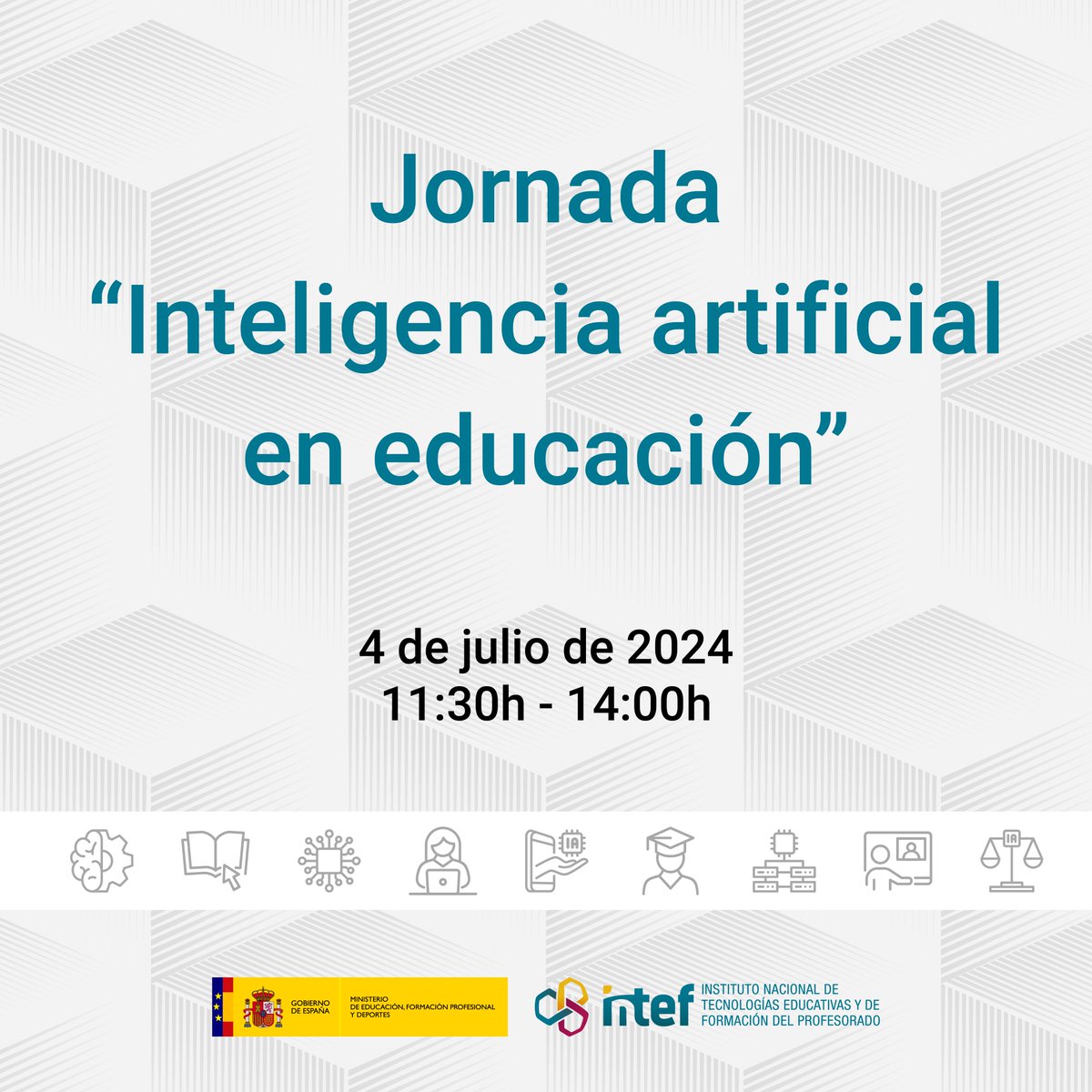 📢Jornada “Inteligencia artificial en educación”

📅4 de julio de 2024
🕦11:30 - 14:00
📍Sede del INTEF 

🔗Más información: intef.es/Noticias/jorna…