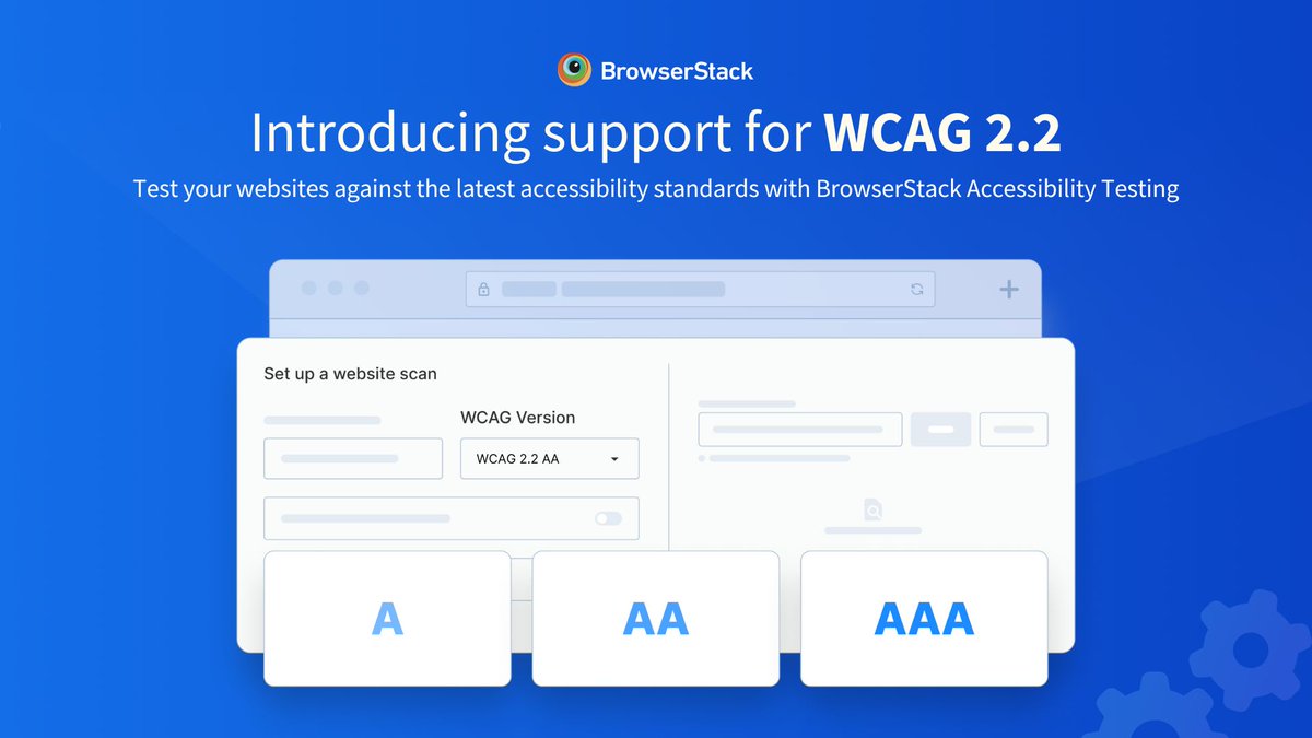 browserstack's tweet image. We&apos;re excited to announce that BrowserStack #AccessibilityTesting now supports WCAG 2.2! 🚀

This update allows you to test websites against the latest W3C standards, ensuring inclusive digital experience.

👉 Try: bit.ly/4emC7Nu
📚 Learn: bit.ly/3Vn00Mm

#A11Y