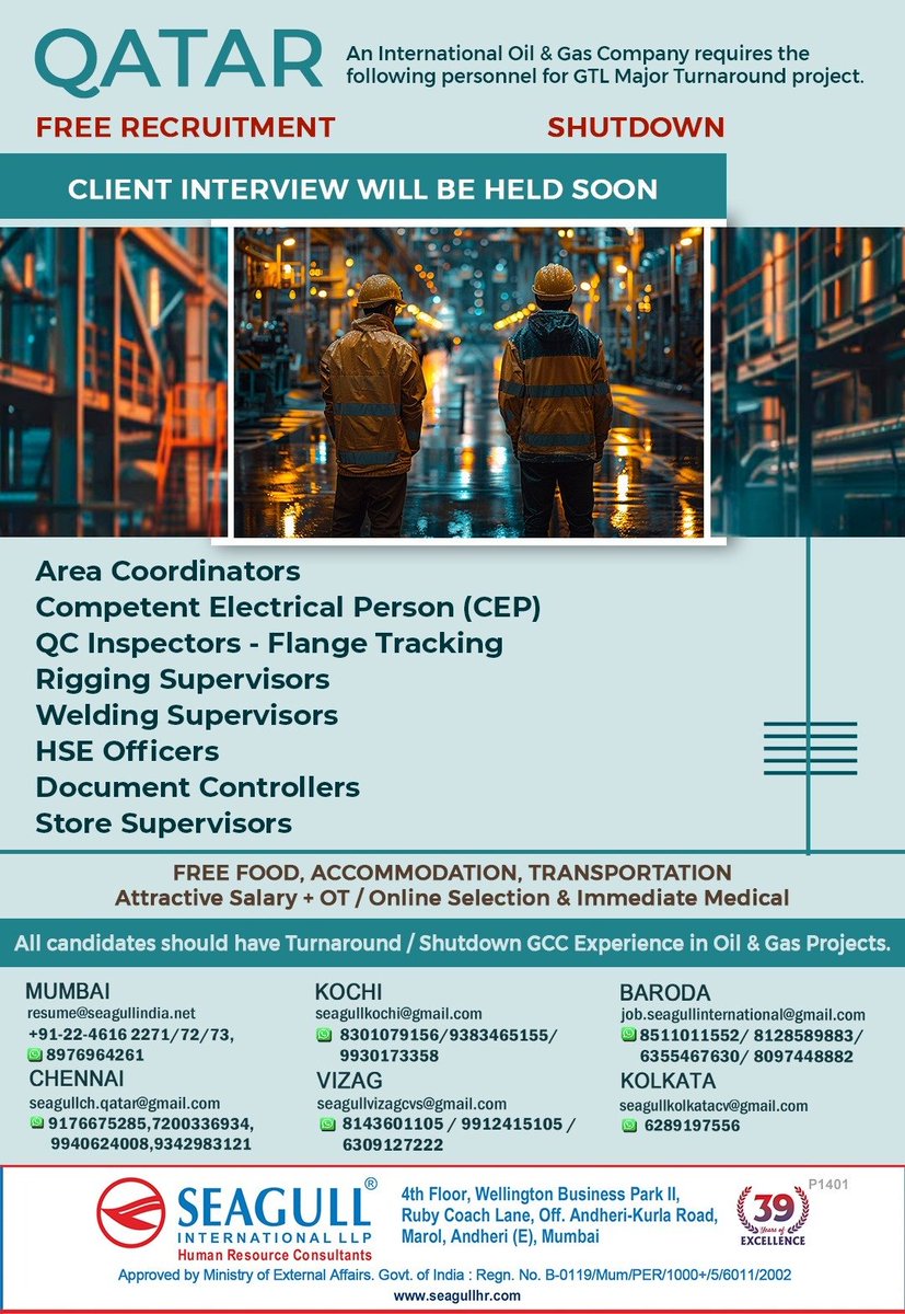 hrd1_seagull's tweet photo. 🇶🇦Qatar Jobs
✔Free Recruitment - Shut Down Project
💻 Client Interview Will Be Held Soon
📍Location - Mumbai , Kochi , Baroda , Chennai , Vizag & Kolkata
.
.
.
#qatarjobs #seagull #areacoordinators #qcinspectors #riggingsupervisor #hseofficers #storesupervisor https://t.co/06SsubJrY8