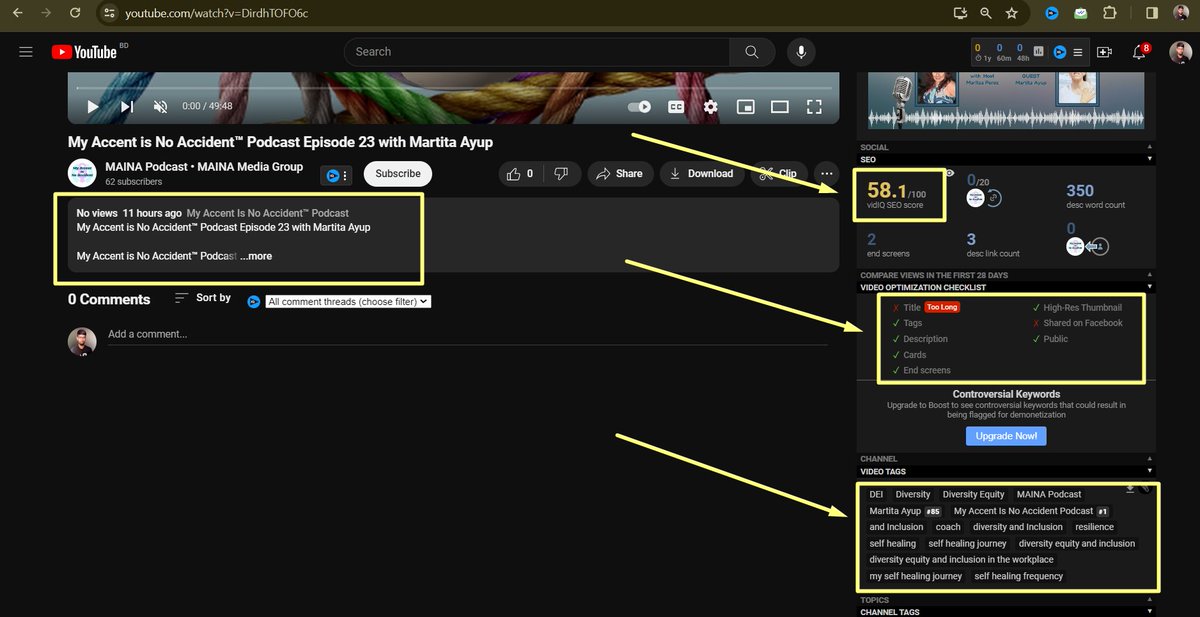 Randomly analyzed a channel and found:

-Unoptimized titles
-Very low SEO score
-Missing tags/keywords
-No meta tags in description
-Poorly optimized descriptions

Optimize to rank higher and reach more viewers! 🌟

#youtubegrowthproblem #youtubeseo2024 #channelgrowthproblem