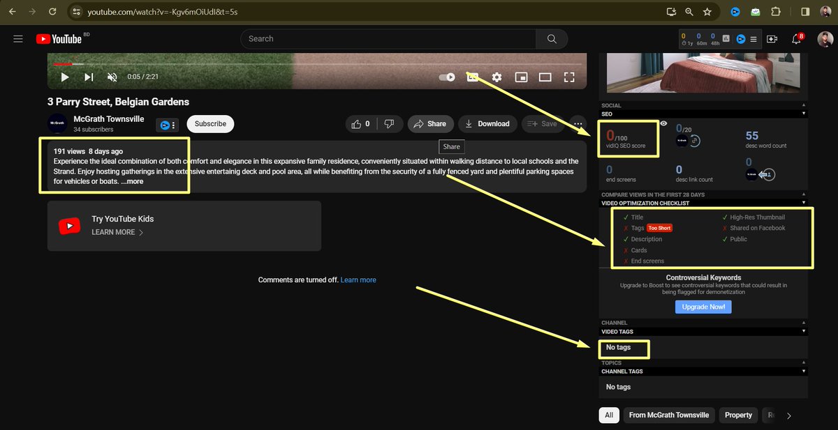 Randomly analyzed a channel and found:

-Unoptimized titles
-Very low SEO score
-Missing tags/keywords
-No meta tags in description
-Poorly optimized descriptions

Optimize to rank higher and reach more viewers! 🌟

#youtubegrowthproblem #youtubeseo2024 #channelgrowthproblem