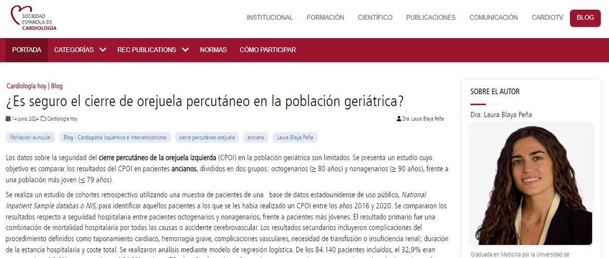 "El cierre percutáneo de la orejuela izquierda en ancianos tiene un perfil de seguridad similar al de los más jóvenes excepto por una mayor probabilidad de complicaciones vasculares", apunta <a href="/laurablaya/">Laura</a>. #BlogSEC <a href="/JovenesSec/">JóvenesSEC</a> ow.ly/EgWn50SiyWx